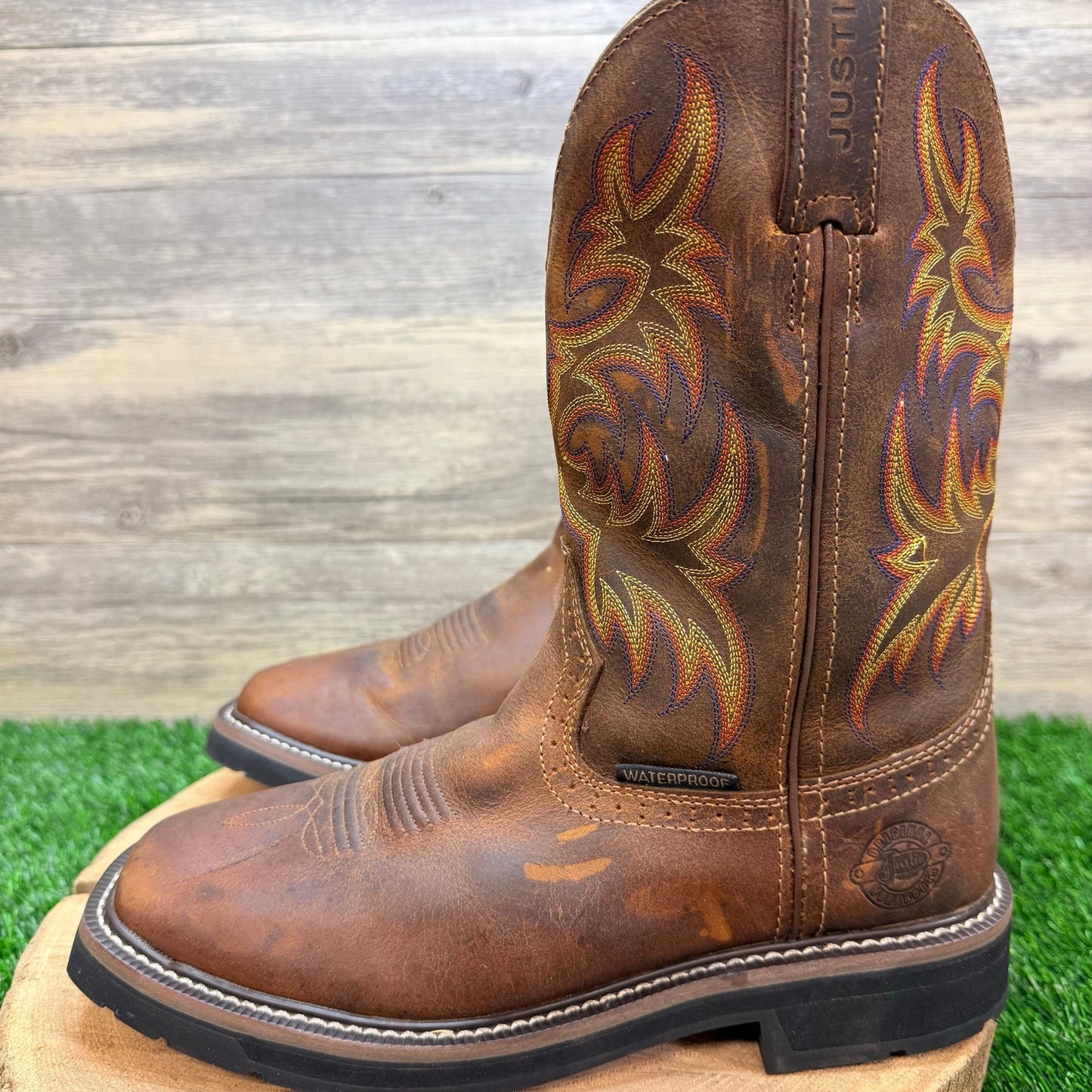 Justin Men - Size 9B - Brown Work Stampede Square Toe Cowboy Boots WKL4689
