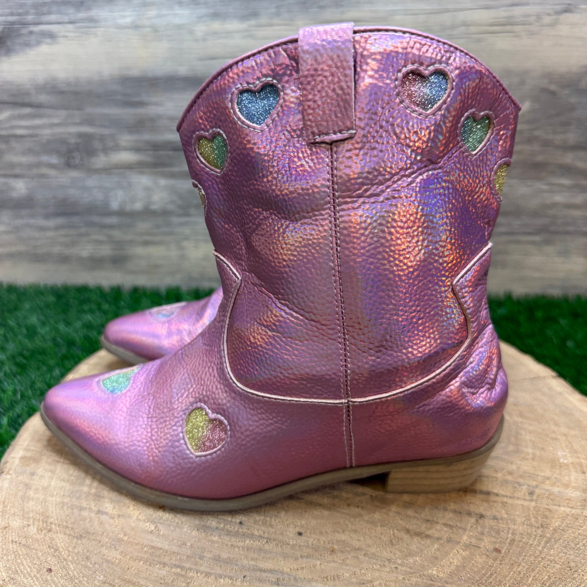 Lola Youth - Size 2.5 - Pink Glitter Heart Faux Leather Boots