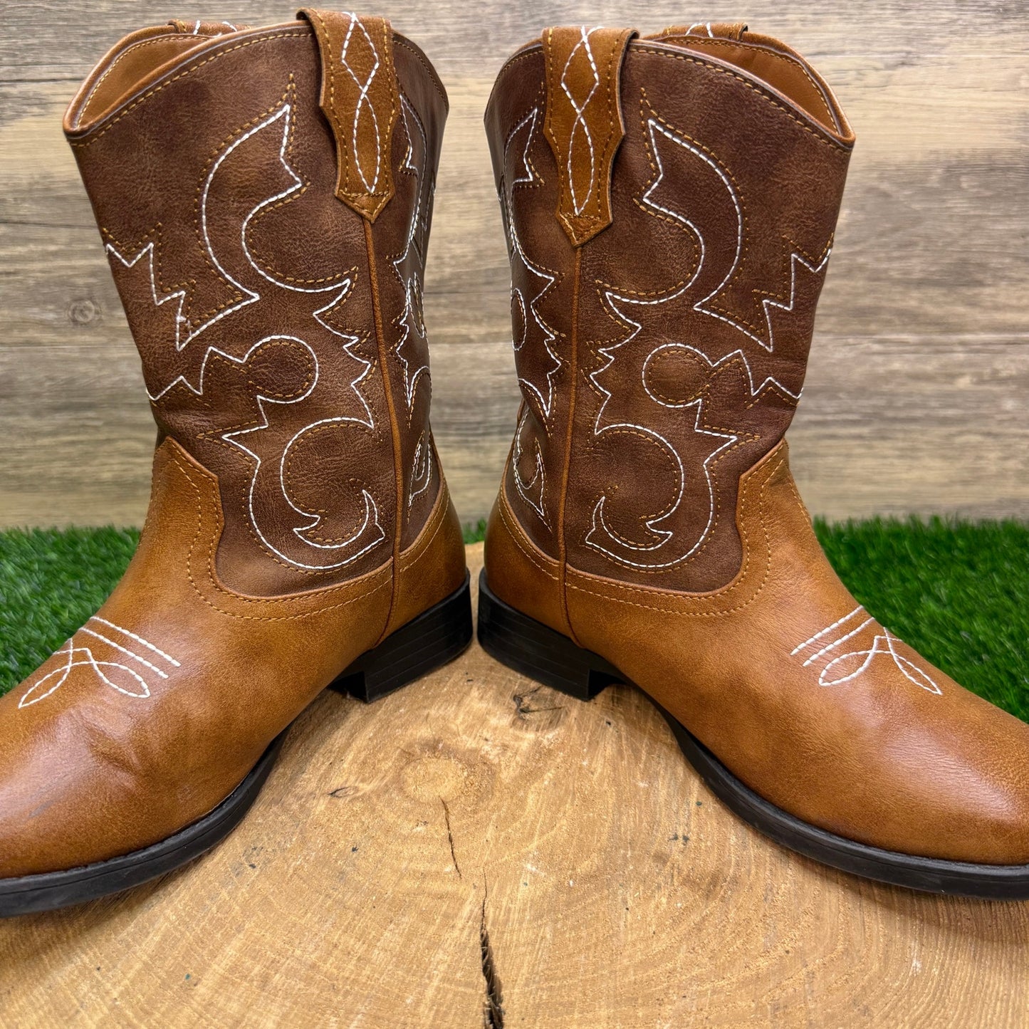 Wonder Nation Youth - Size 3 - Brown Faux Leather Square Toe Cowboy Boots 47083