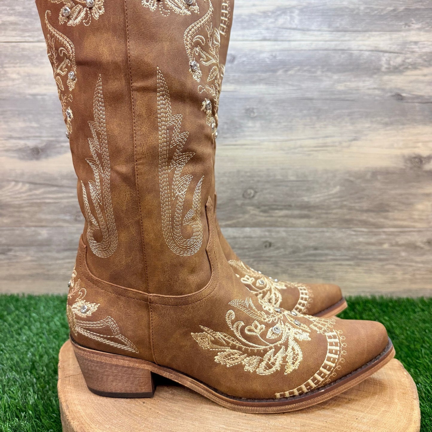 Unknown Women - Size 8.5 - Tan Jeweled Faux Suede Tall Cowboy Boots