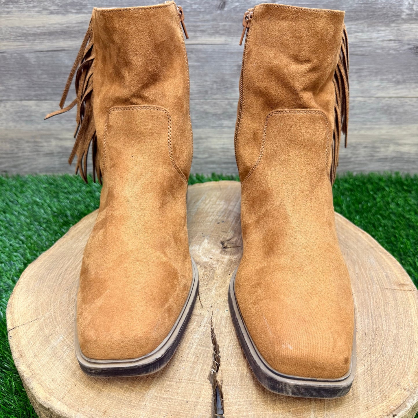 OS Women - Size 9.5M - Cognac Faux Suede Fringe Ankle Boots 73277