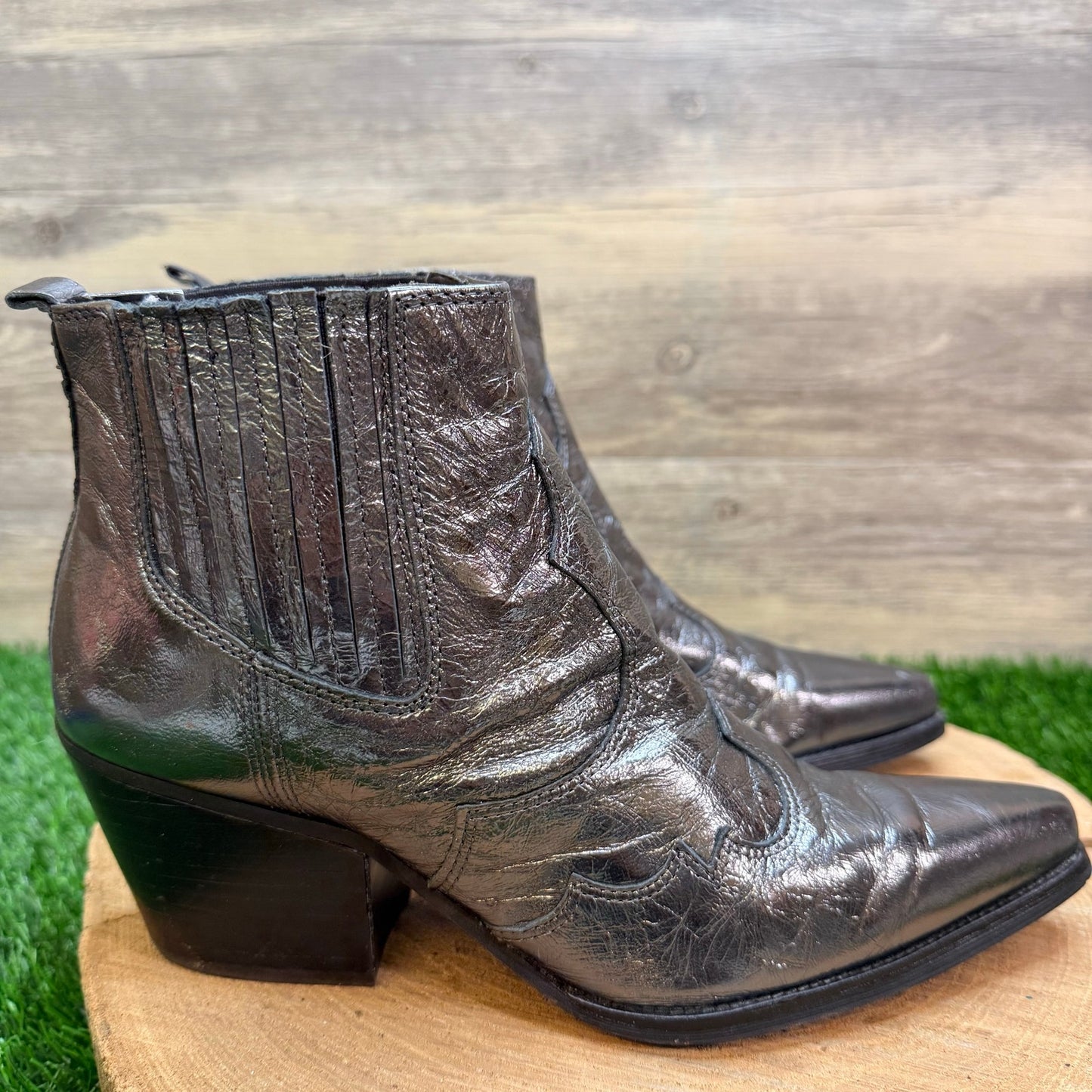 Sam Edelman Women - Size 9 - Metallic Silver Faux Leather Ankle Boots