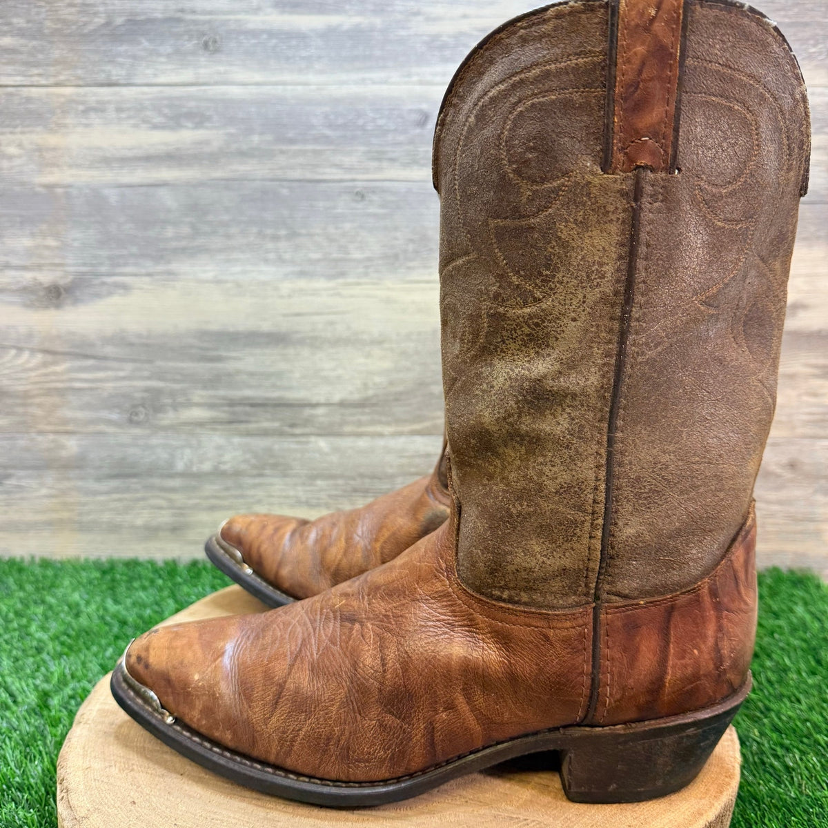 Durango Men - Size 10.5EE - Vintage Marbled Brown Toe Plate Cowboy Boots 15072