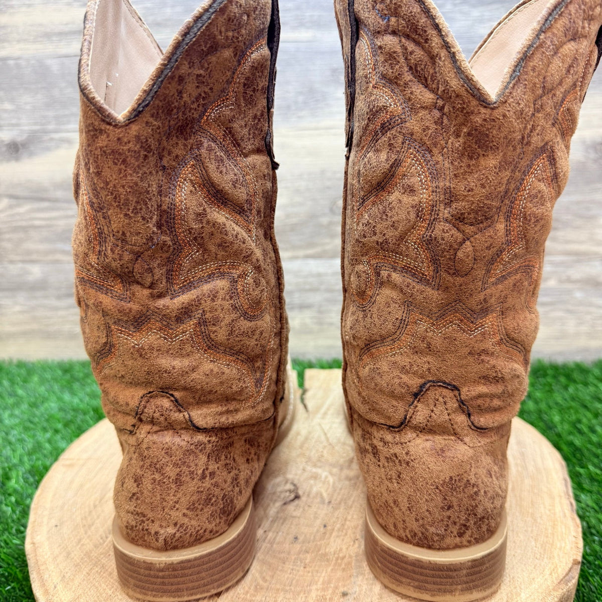 Roper Youth - Size 6 - Distressed Tan Faux Square Western Cowboy Boots