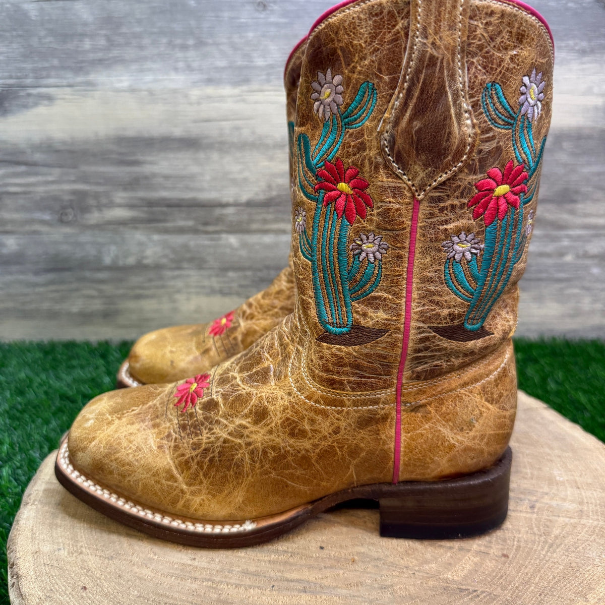 Roper Youth - Size 2.5 - Tan Cactus/Floral Square Toe Cowboy Boots Style 1482