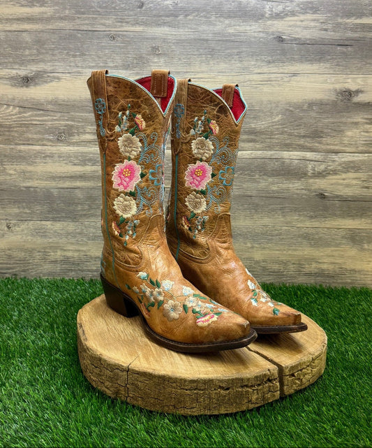 Macie Bean Women - Size 9M - Tan Rose Garden Snip Toe Cowboy Boots Style M8012
