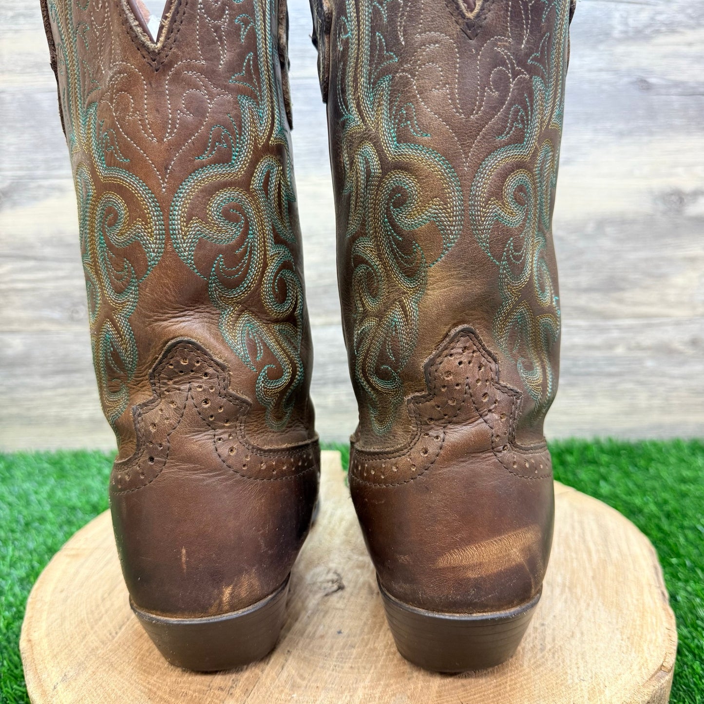 Justin Women - Size 6.5B - Brown / Green Stampede Square Cowboy Boots L2552