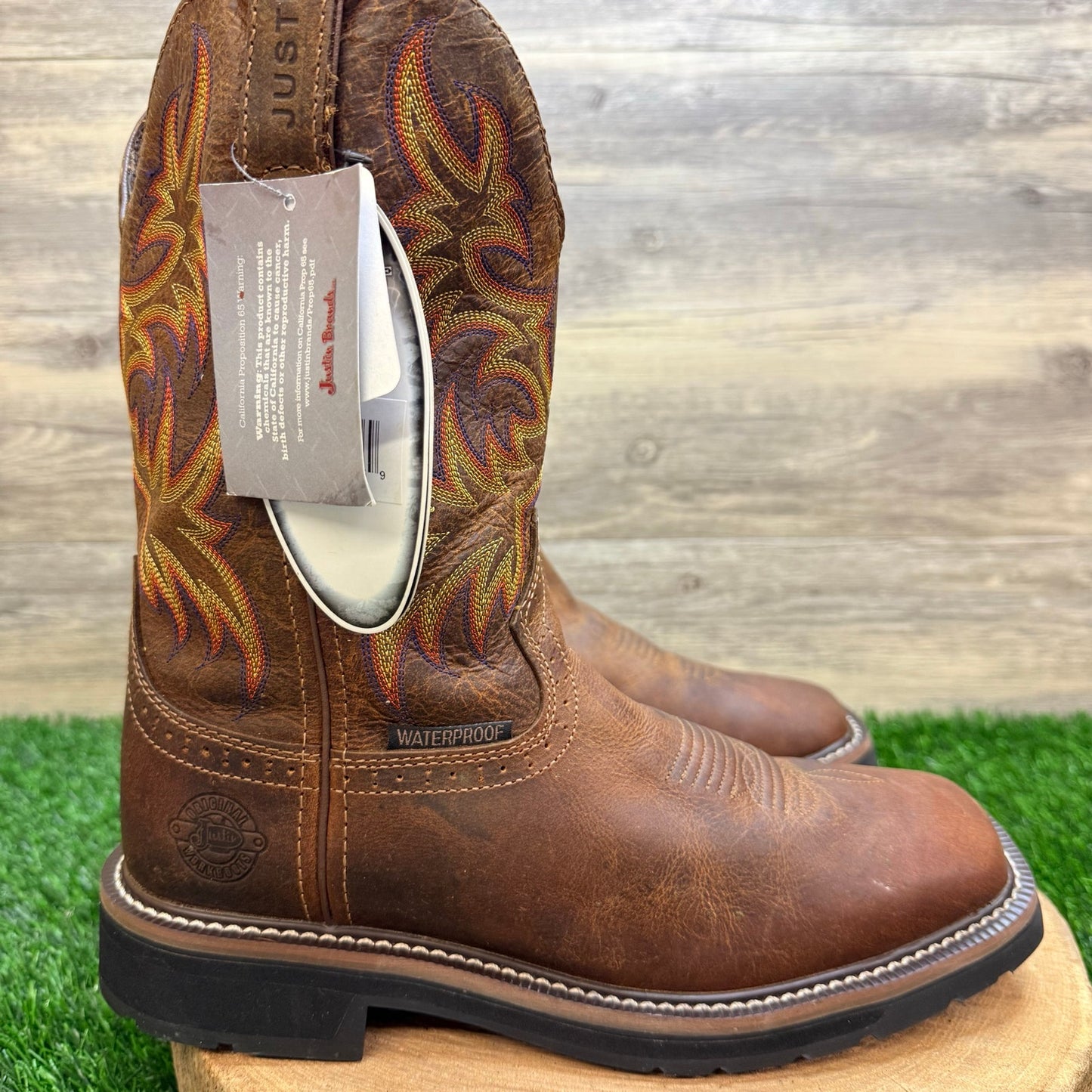 Justin Men - Size 9B - Brown Work Stampede Square Toe Cowboy Boots WKL4689