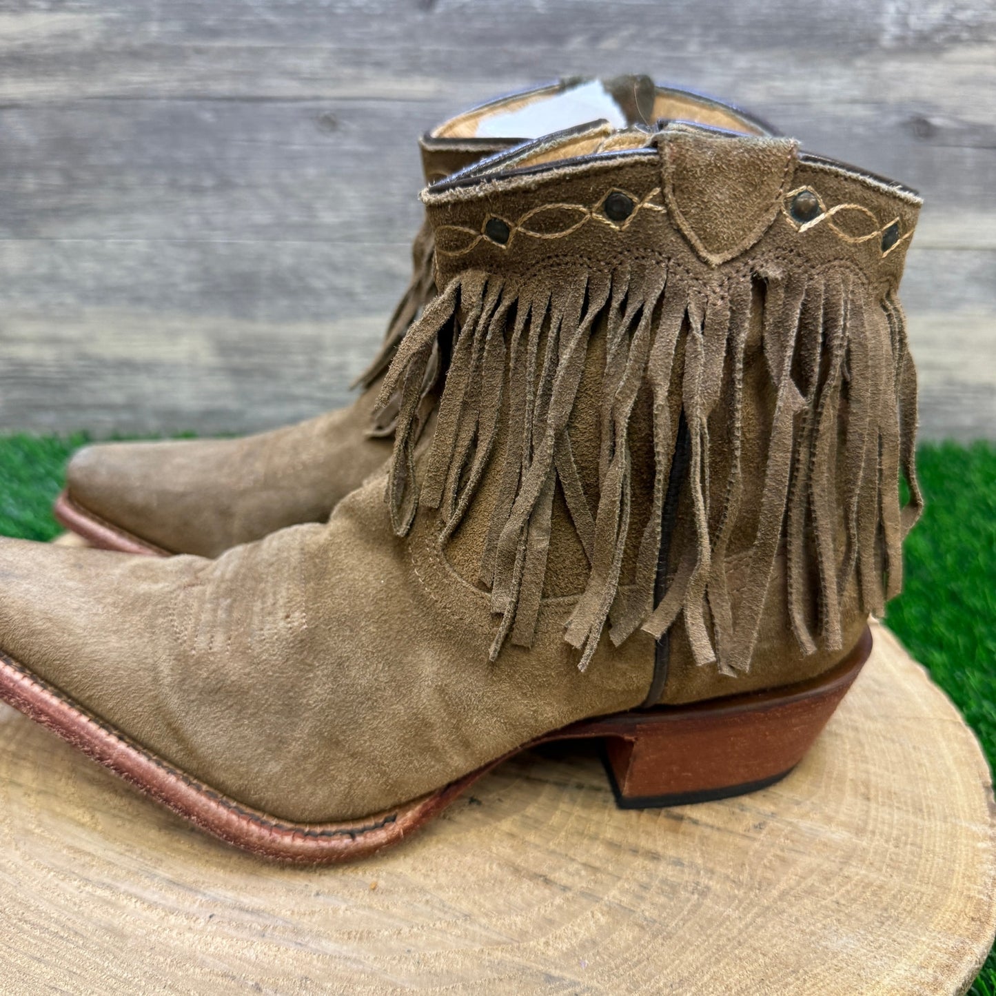 JB Dillon Women - Size 6.5B - Tan Suede Fringe Ankle Cowboy Boots JBW2242
