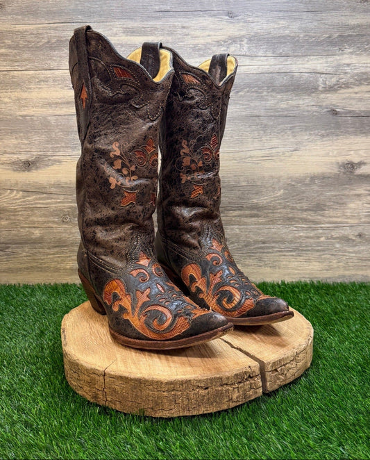 Corral Vintage Women - Size 11M - Dark Brown Lizard Inlay Cowboy Boots C2107