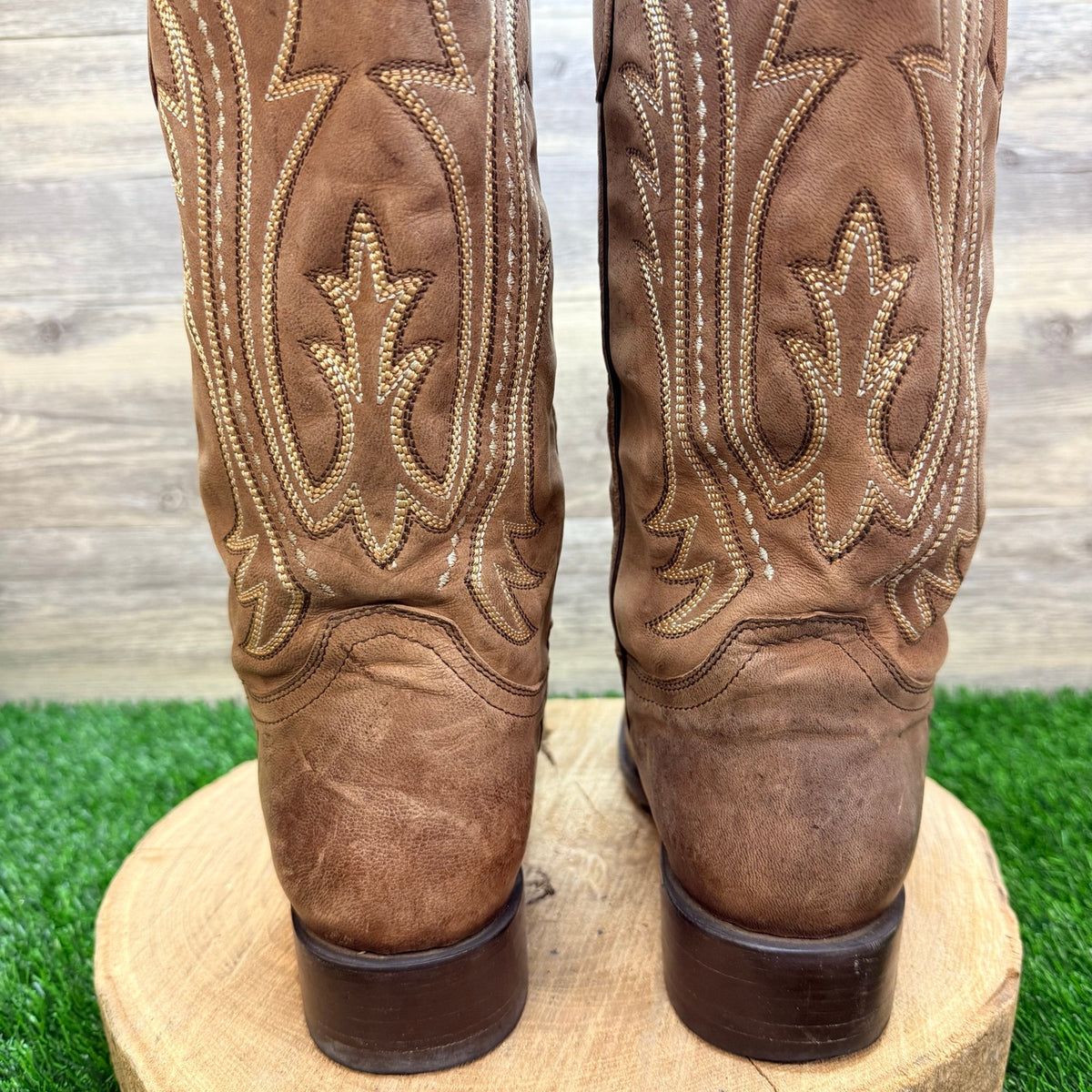 JB Dillon Women - Size 10B - Tan Feather Square Toe Cowboy Boots BRO2404
