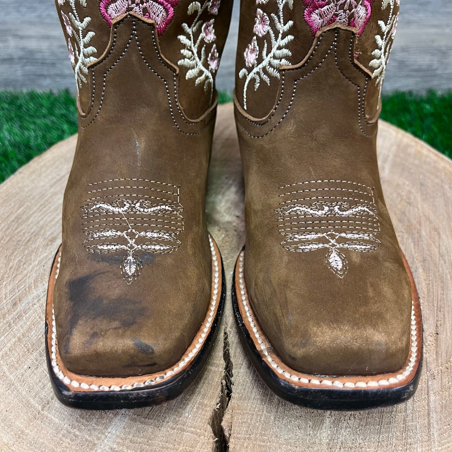 Nicasio Youth - Size 2 - Brown Suede Floral Square Toe Cowboy Boots