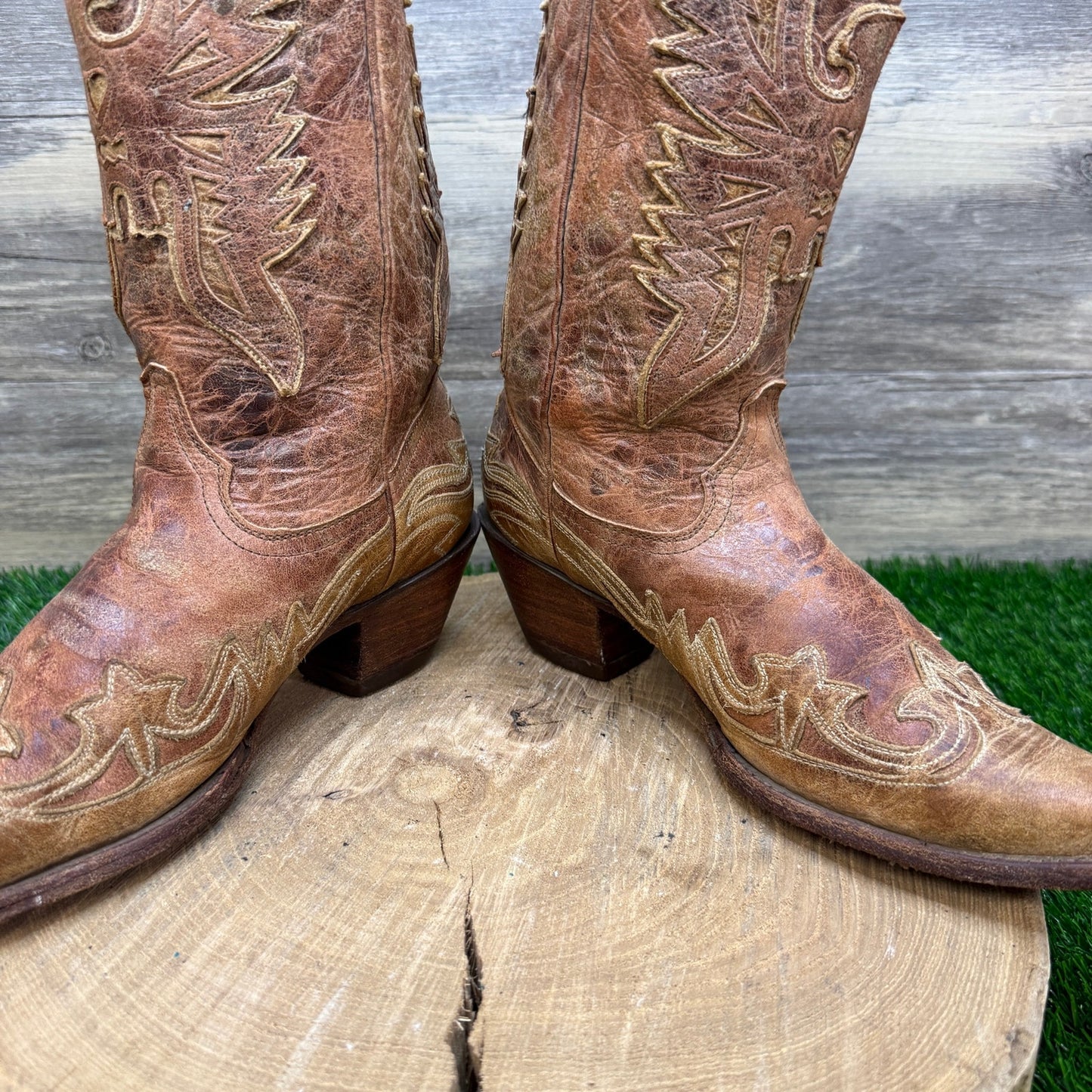 Corral Women - Size 9M - Distressed Crackle Tan Eagle Cowboy Boots R2227