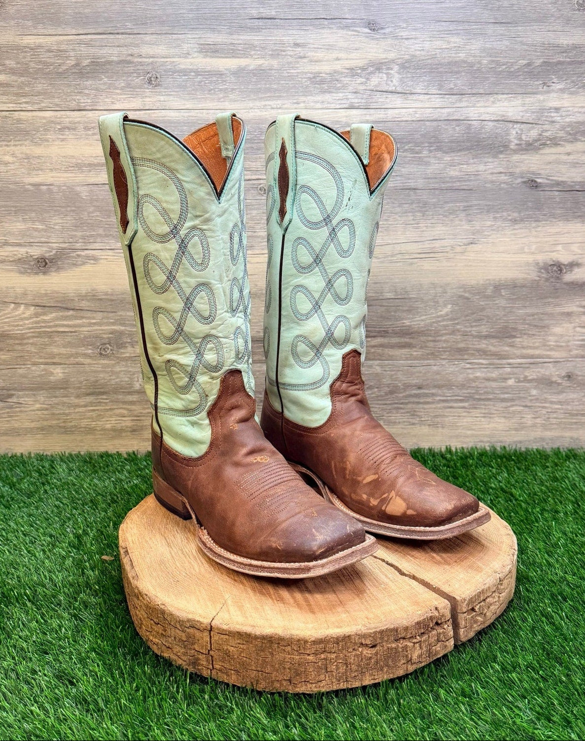Tony Lama Women- Size 8.5B - Light Green / Brown Square Toe Cowboy Boots TL3201