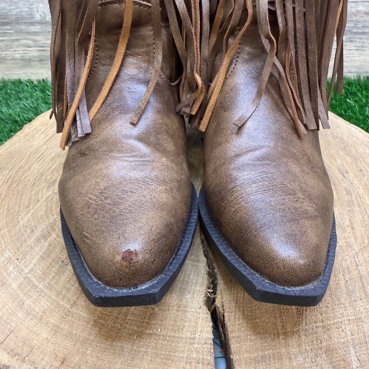 Roper Youth - Size 2 - Brushed Tan Native Fringe Faux Leather Cowboy Boots 119