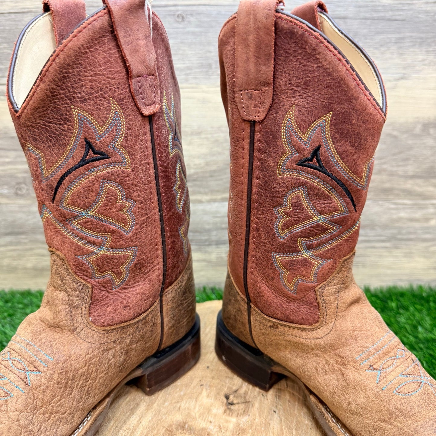 Old West Youth - Size 2D - Brown / Red Square Toe Western Cowboy Boots BSC1912