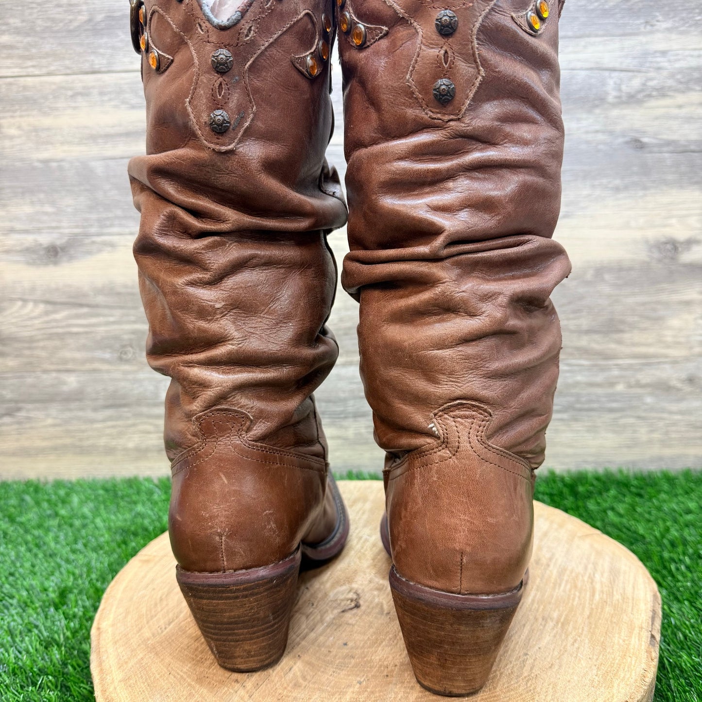Steve Madden Women - Size 7.5M - Brown Studded Soft Leather Cowboy Boots Shyann