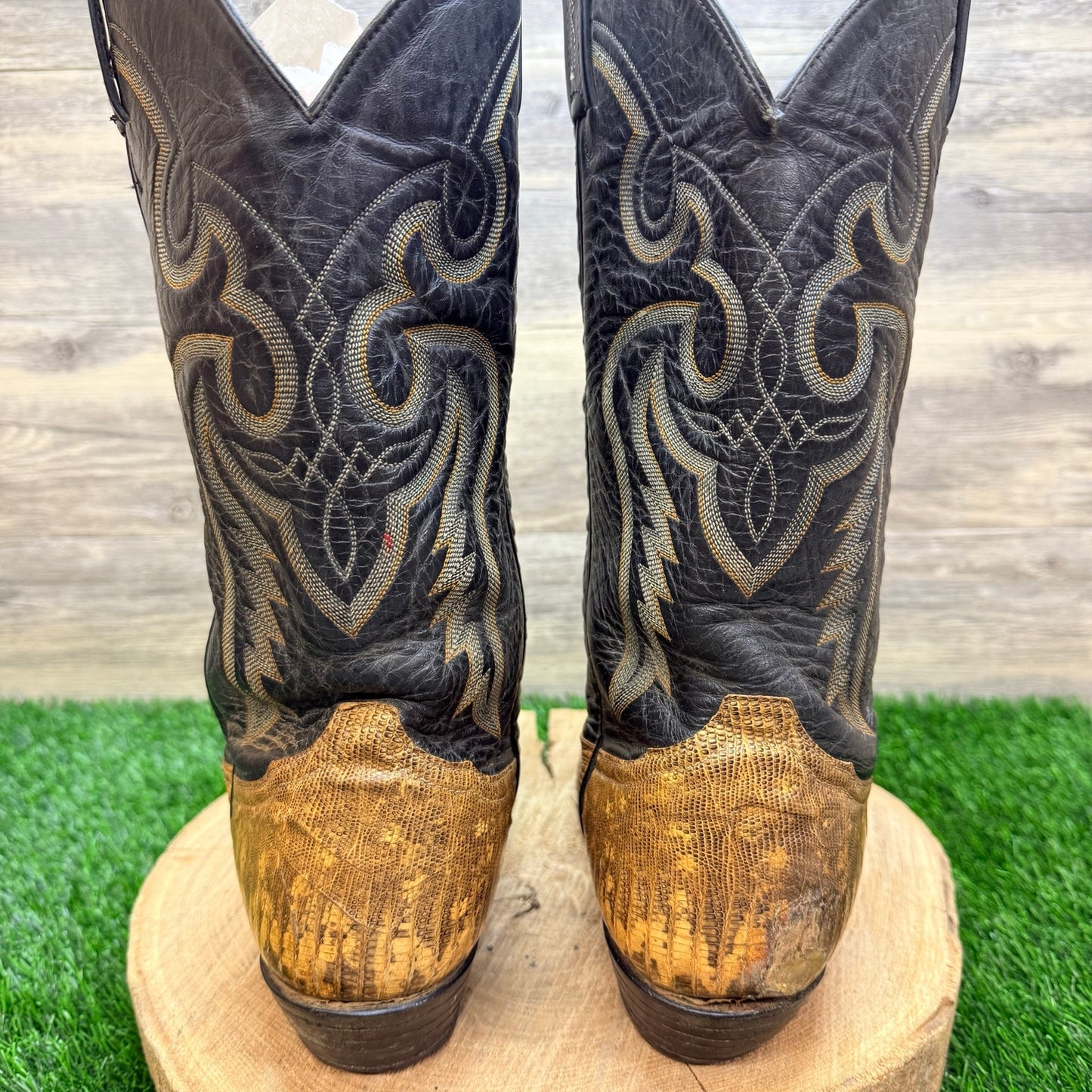 Tony Lama Men - Size 10D - Vintage Black / Tan Lizard Western Cowboy Boots 8883