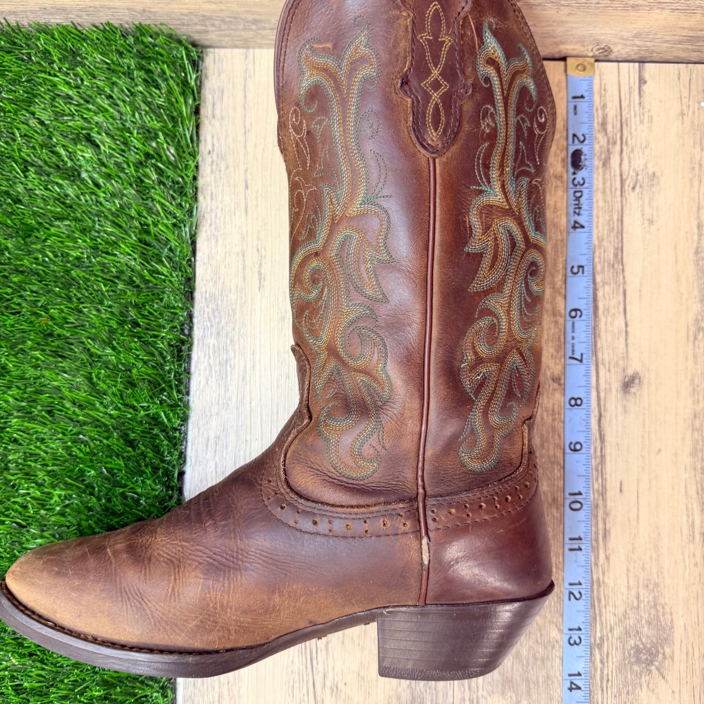 Justin Women - Size 6.5B - Brown / Green Stampede Square Cowboy Boots L2552