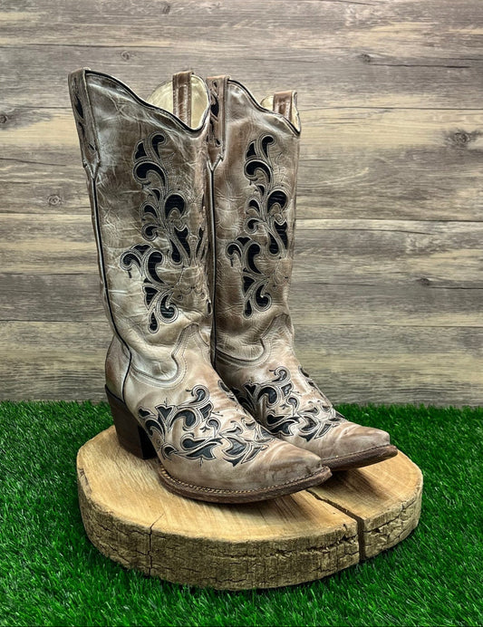 JB Dillon Women - Size 10B - Distressed Cream Chicory Lizard Inlay Cowboy Boots