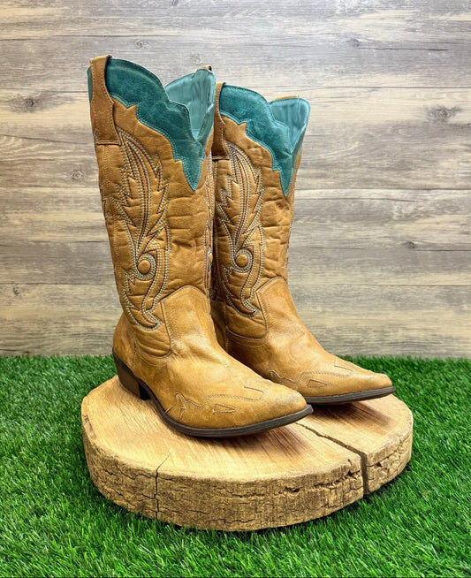 Coconuts Women - Size 10M - Brown / Green Faux Leather Cowboy Boots Cimmaron