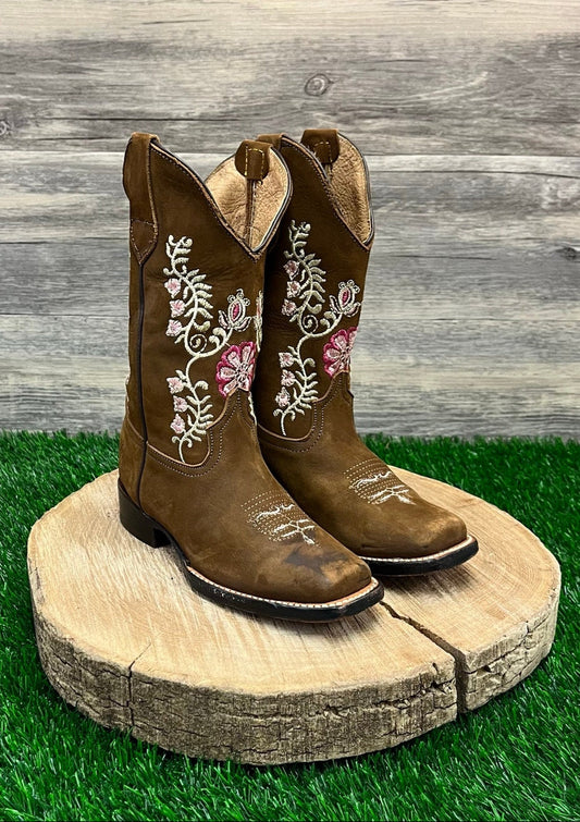 Nicasio Youth - Size 2 - Brown Suede Floral Square Toe Cowboy Boots