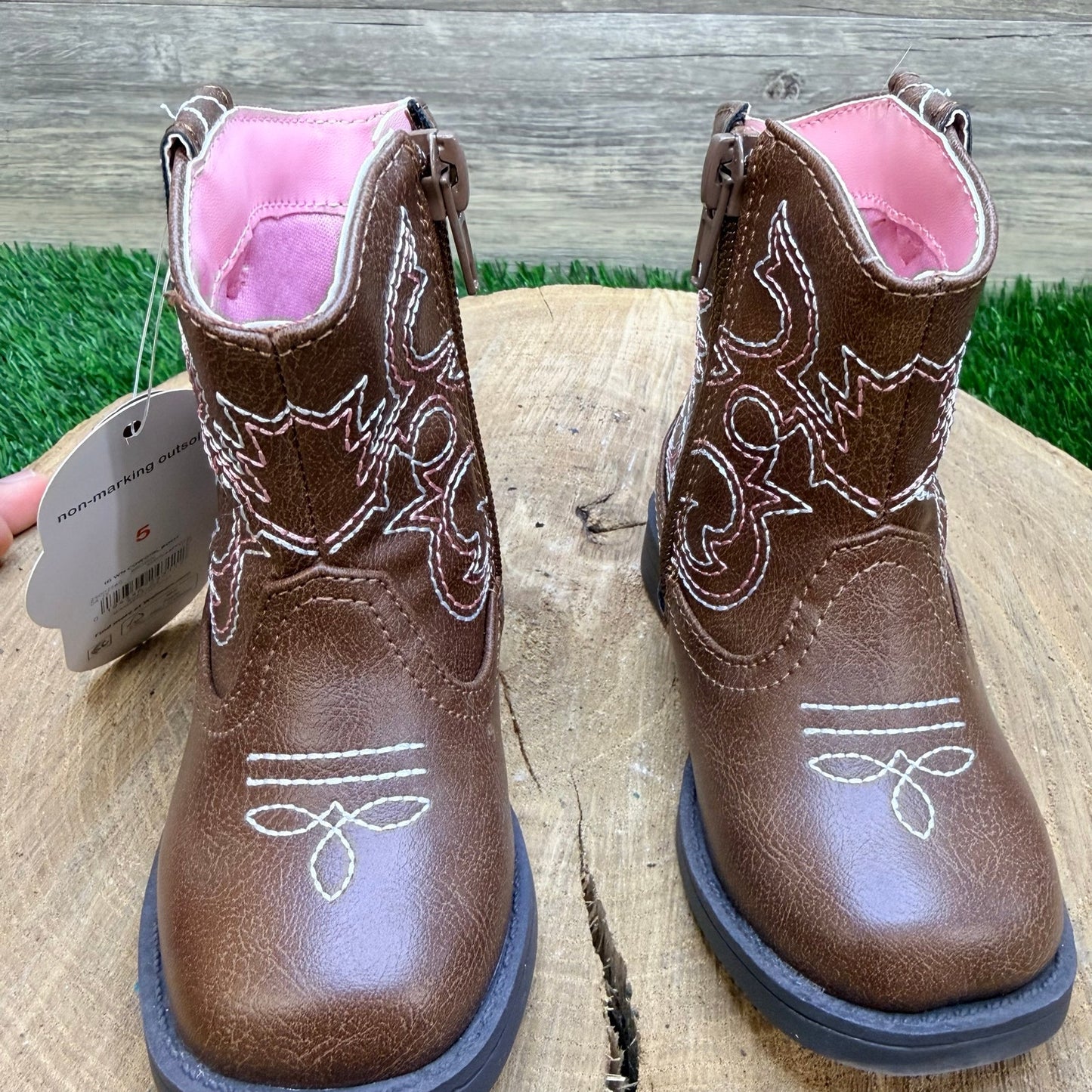 NEW Wonder Nation Youth - Size 5 - Brown / Pink Faux Leather Cowboy Boots