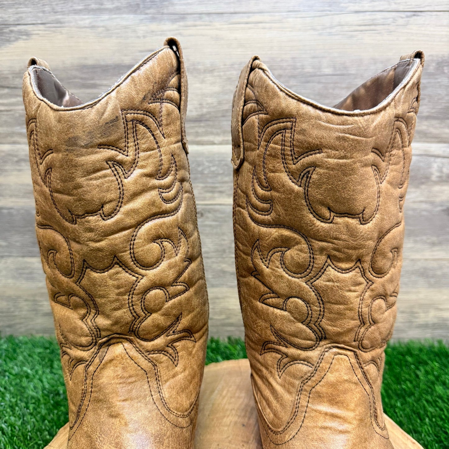 Rodeo Ropers Women - Size 9W - Tan Faux Leather Cowboy Boots Mesa