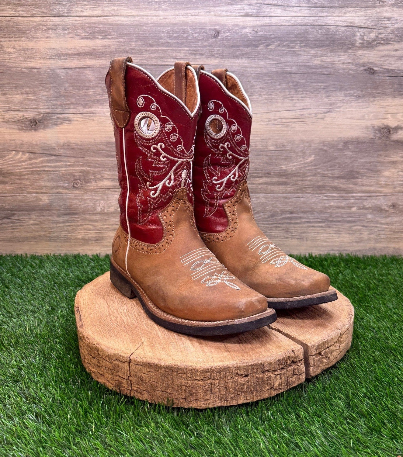 Tierra Blanca Youth - Size 4.5 - Tan/Red Square Toe Cowboy Boots Style 618