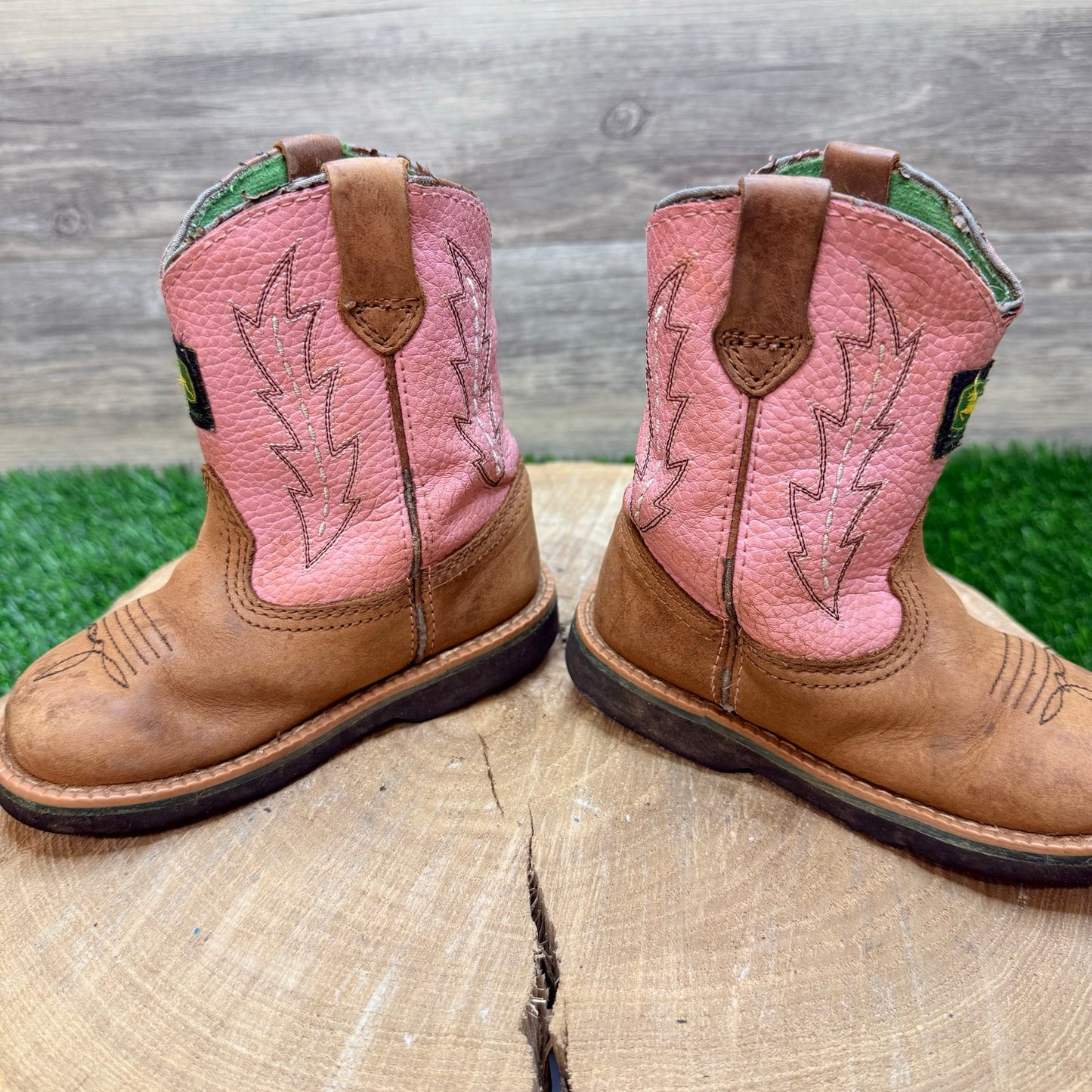 Dan Post Youth - Size 7.5M - Tan / Pink John Deere Cowboy Boots JD1185