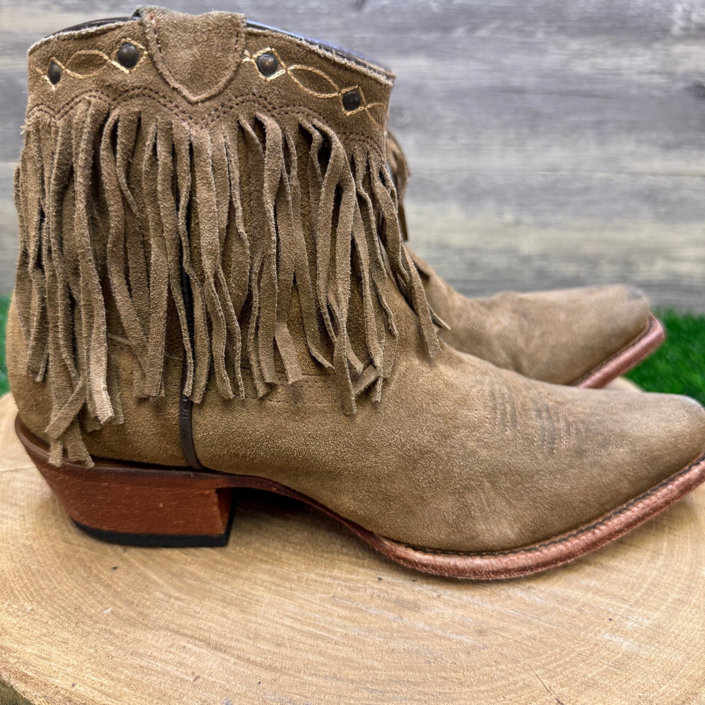 JB Dillon Women - Size 6.5B - Tan Suede Fringe Ankle Cowboy Boots JBW2242