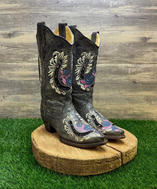 Corral Women - Size 8M - Gray Horseshoe Rose Snip Toe Cowboy Boots Style R2523