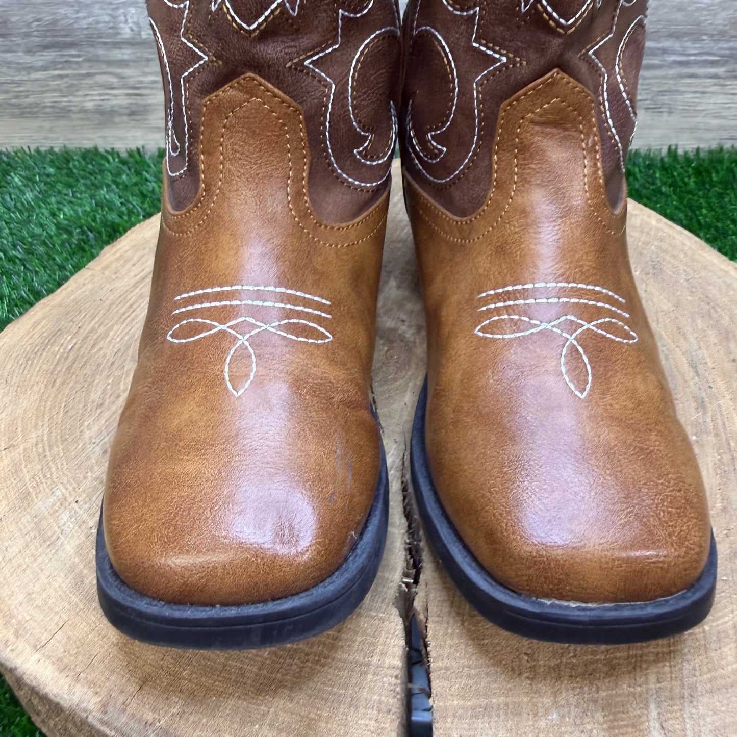 Wonder Nation Youth - Size 3 - Brown Faux Leather Square Toe Cowboy Boots 47083