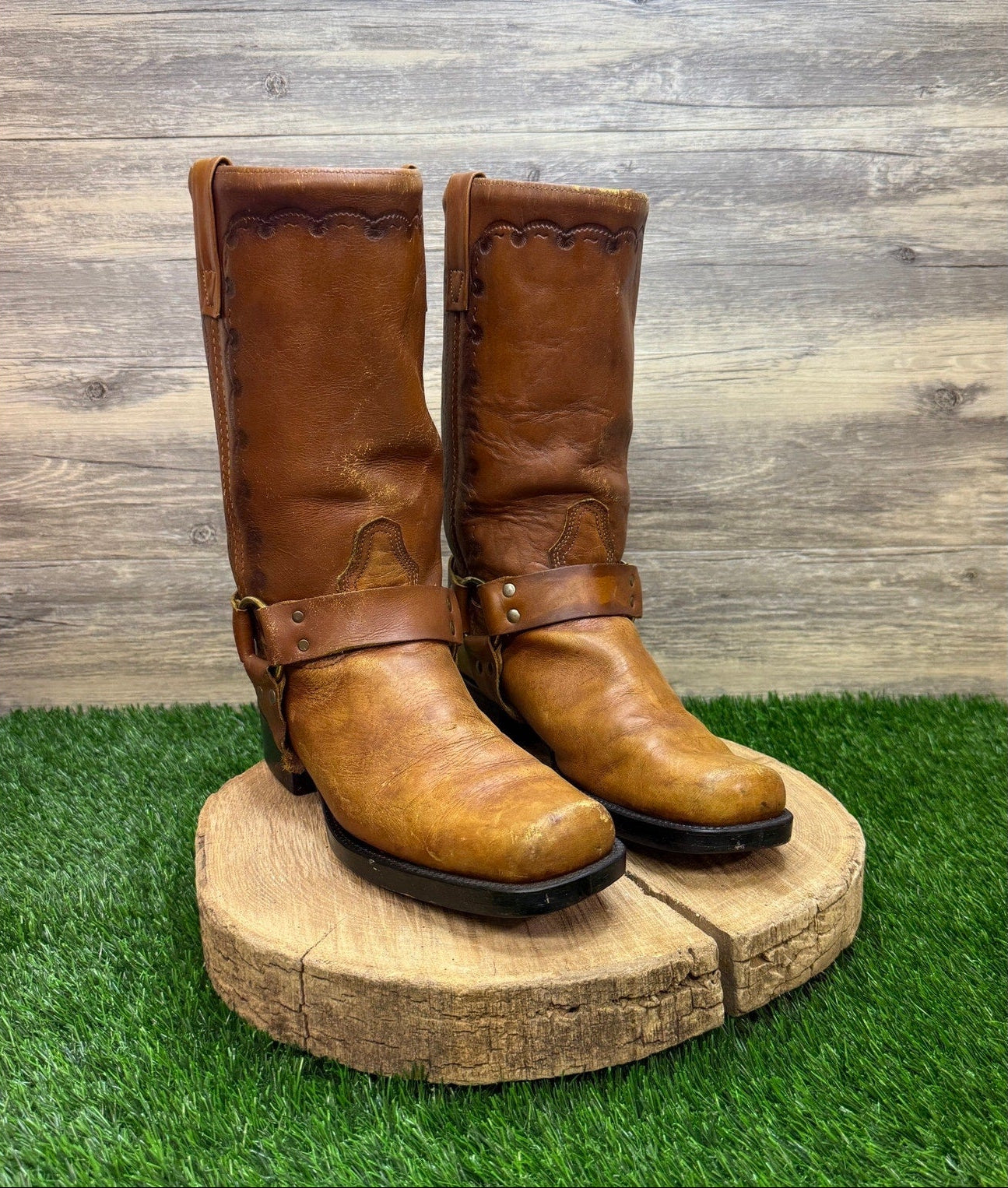 Acme Men - Size 10D - Vintage Tan Harness Square Toe Western Cowboy Boots 18068