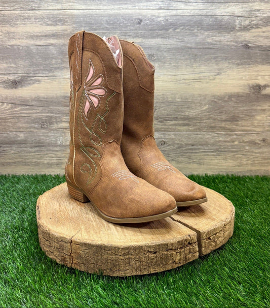 Magellan Youth - Size 5 - Brown/Pink Faux Suede Zipper Boots Style 177744