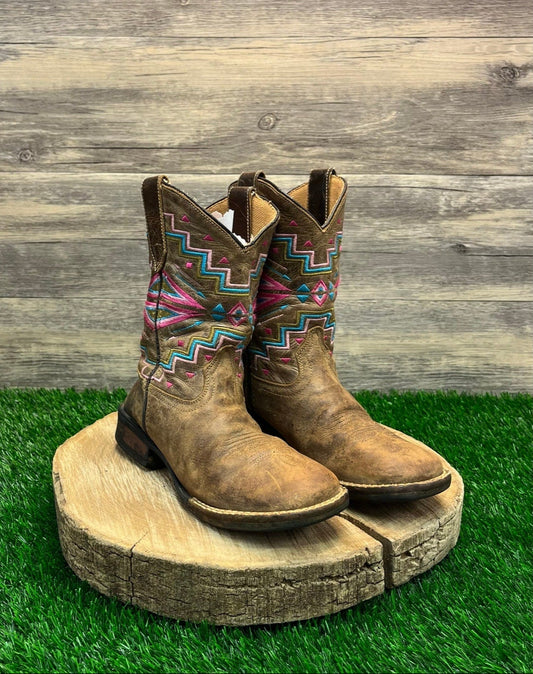 Roper Youth -Size 3 - Brown/Pink Native Design Square Toe Cowboy Boots 2569