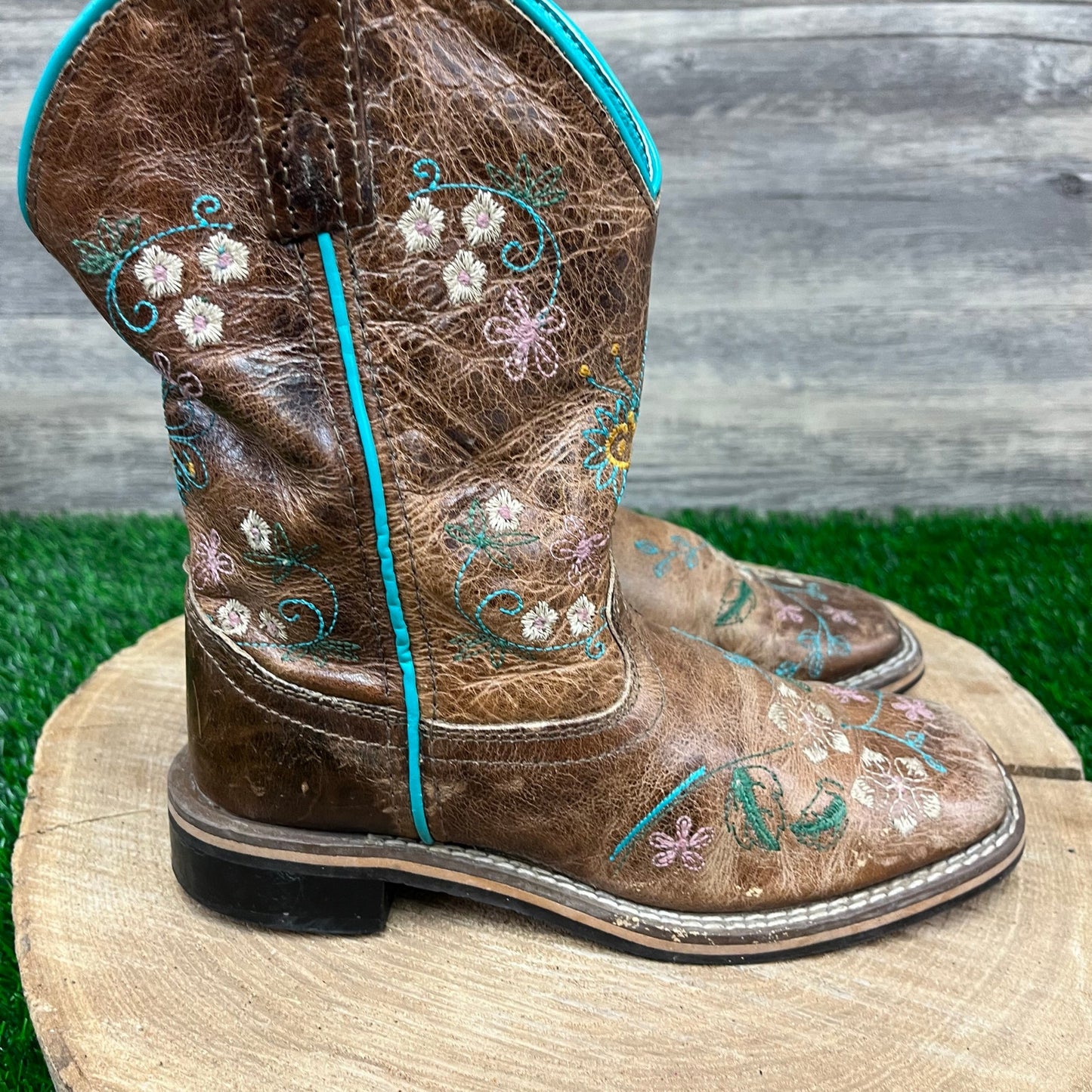 Smoky Mountain Youth - Size 13.5 - Tan Floral Square Toe Cowboy Boots 3841C