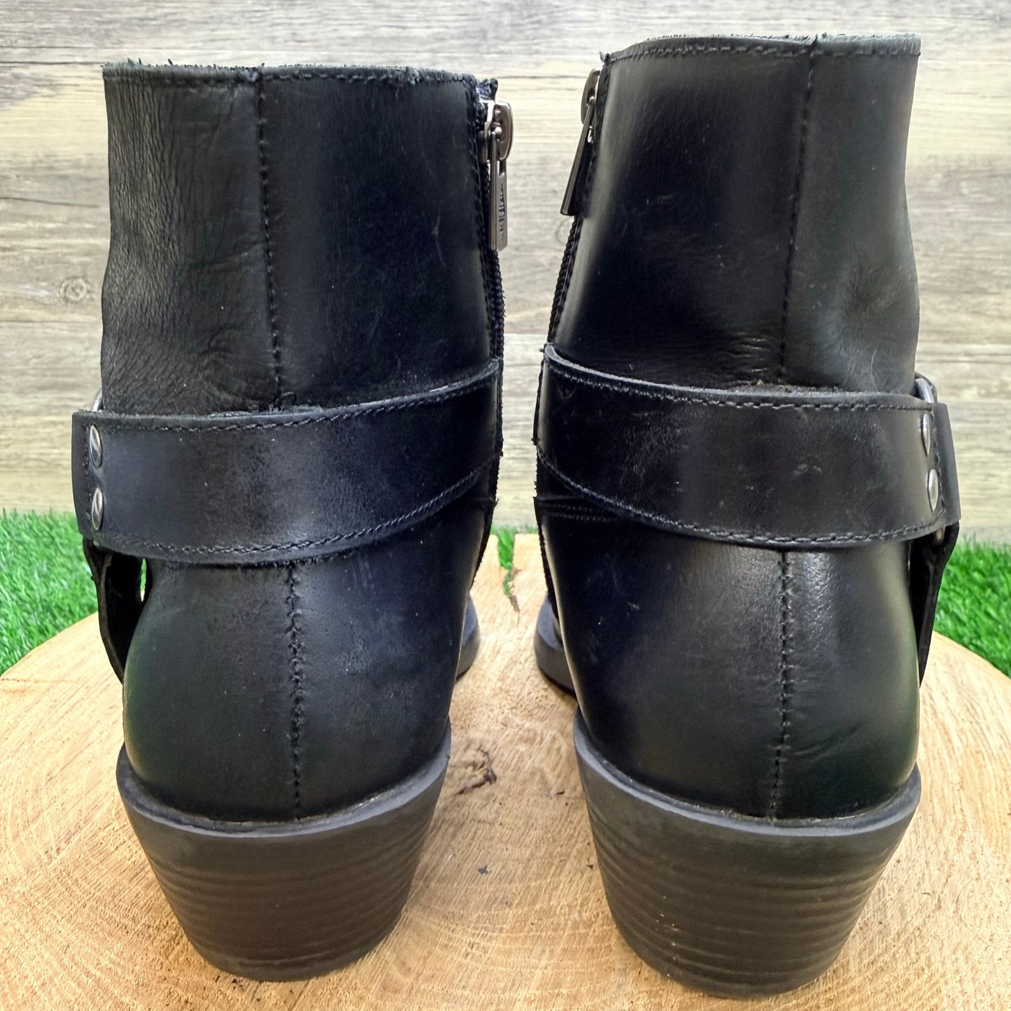 Sun and Stone Women - Size 8 - Black Harness Square Toe Ankle Zipper Boots
