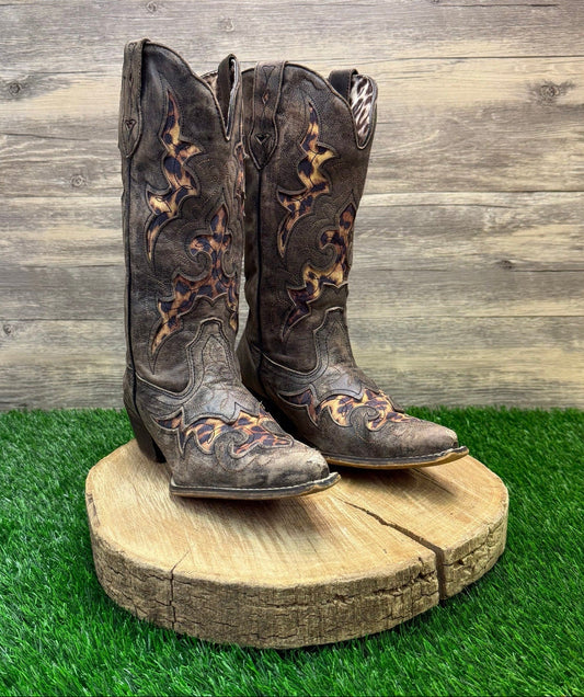 Laredo Women - Size 8M - Brown Leopard Inlay Snip Toe Cowboy Boots 52130