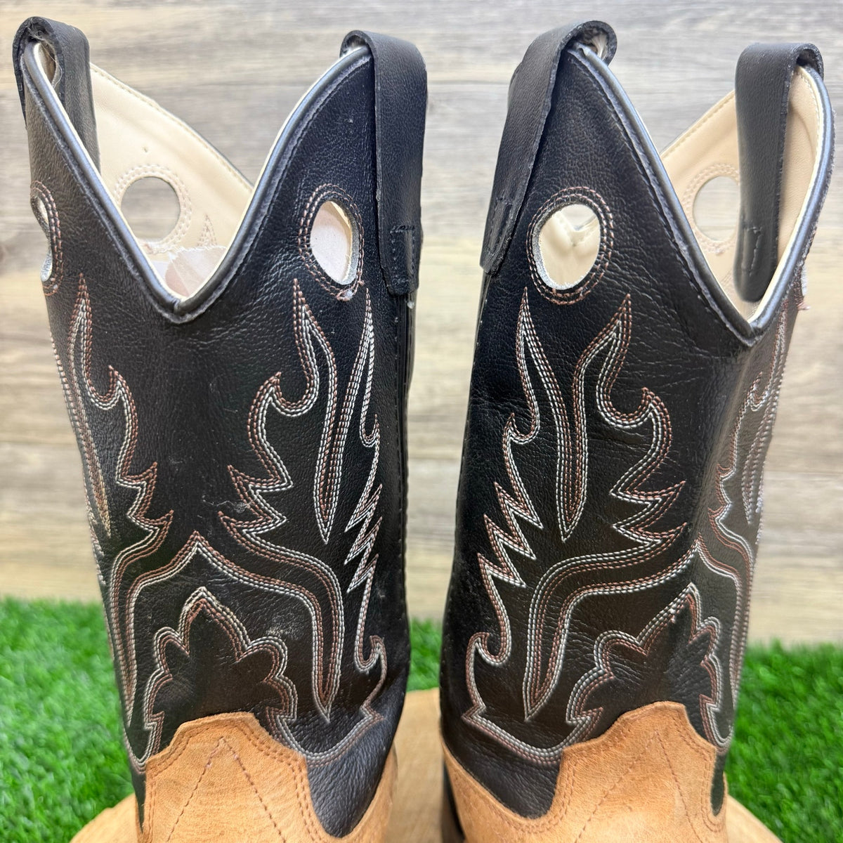 Old West Youth - Size 4.5D - Black / Tan Square Western Cowboy Boots BSY1814