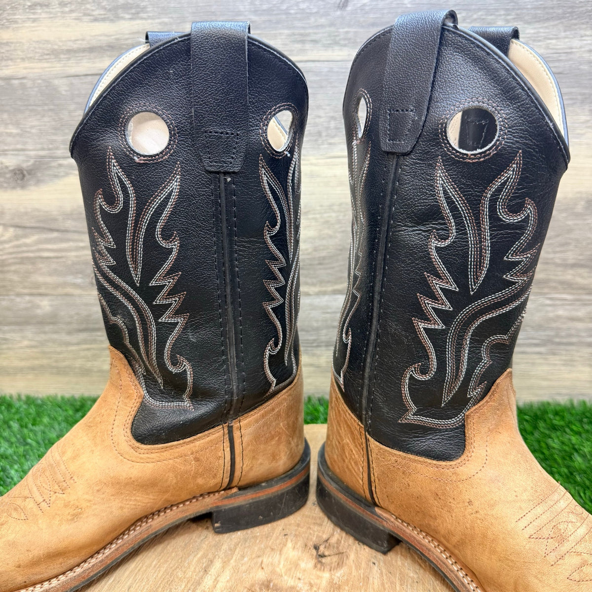 Old West Youth - Size 4.5D - Black / Tan Square Western Cowboy Boots BSY1814