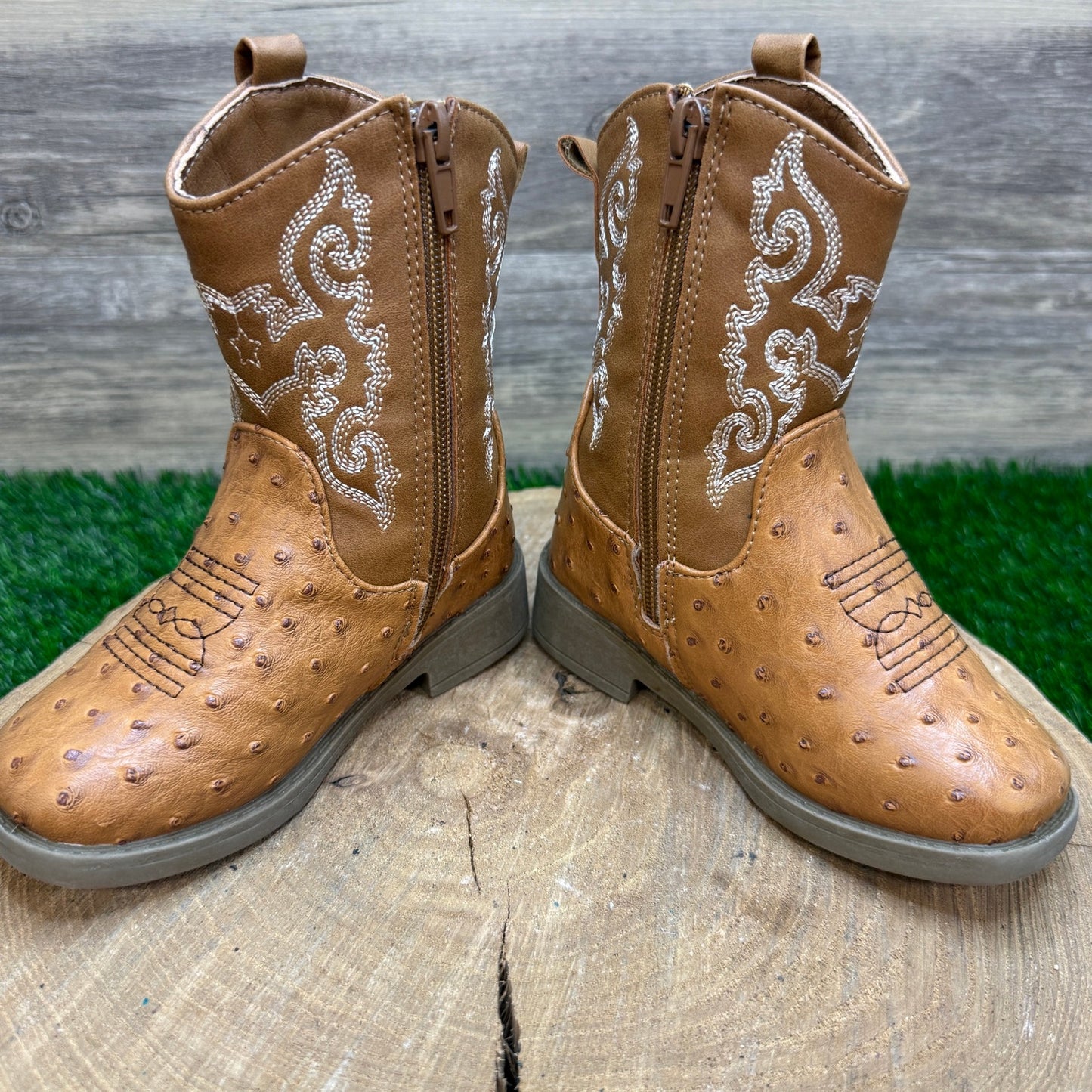 Pawz Youth - Size 8 - Tan Faux Ostrich/Leather Zipper Cowboy Boots Style 35356