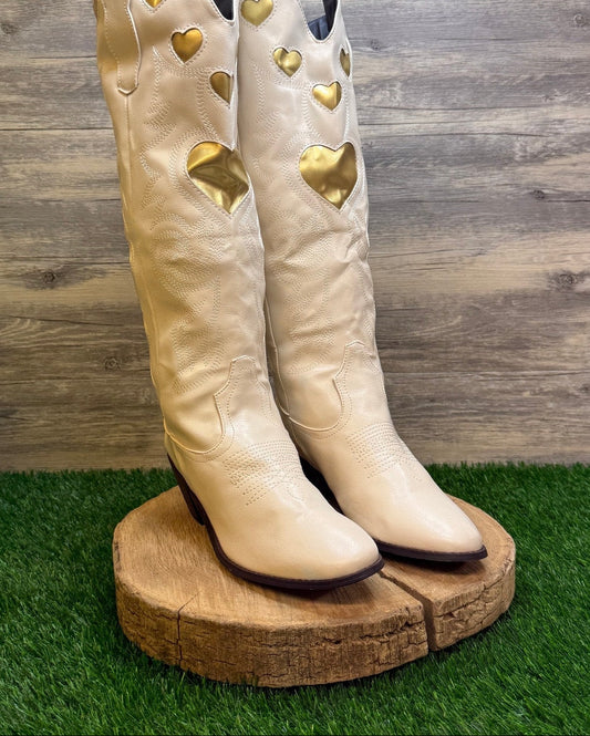 Unknown Women - Size 10 - Cream Gold Heart Faux Leather Boots Style Gold