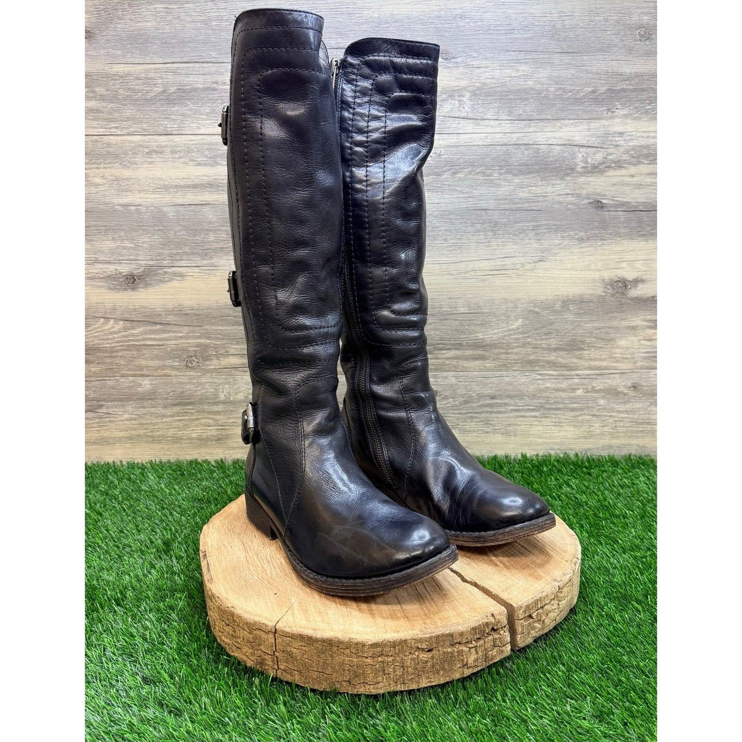 Juicy Couture Women - Size 8.5M - Black Tall Belted Zipper Moto Boots
