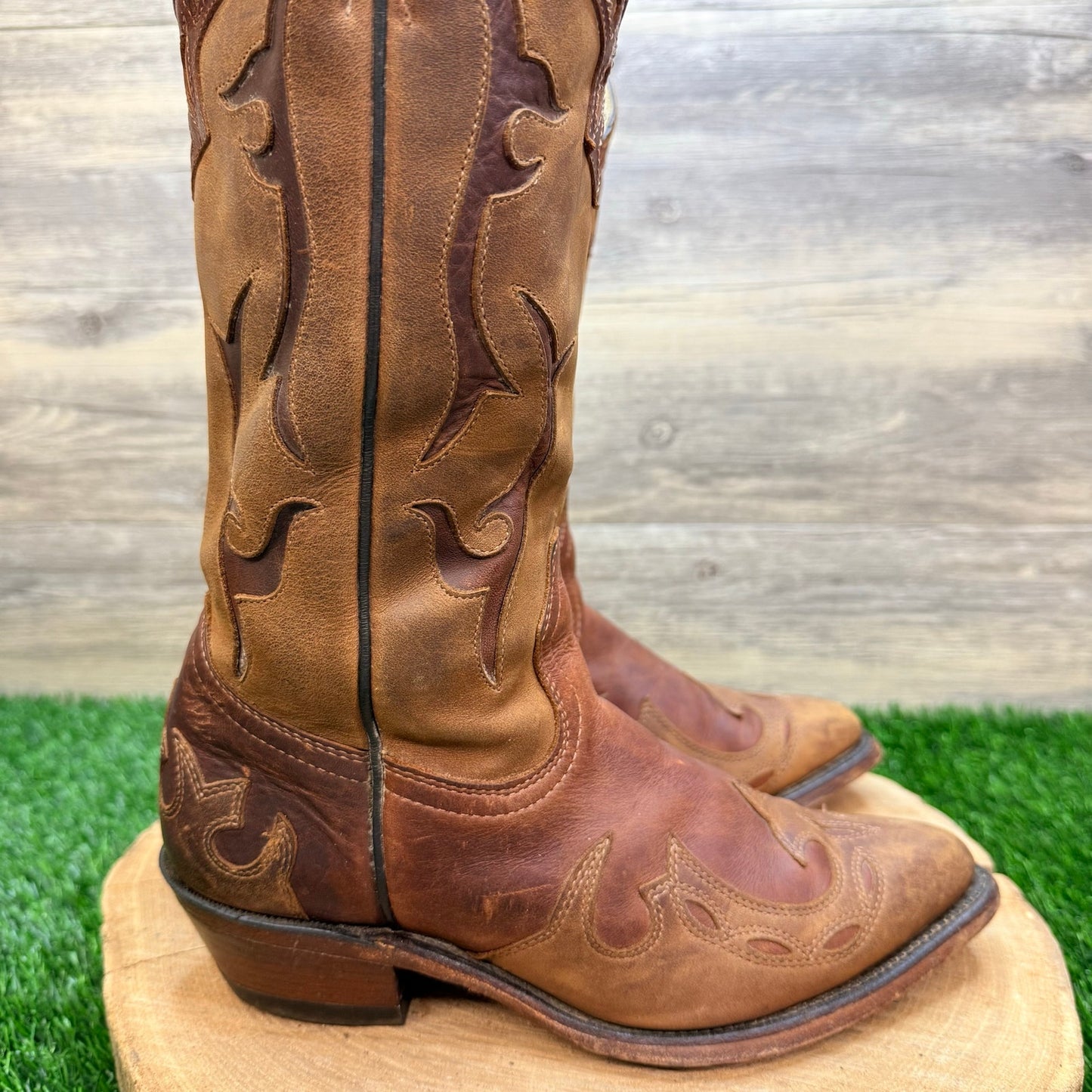 Boulet Women - Size 6.5C - Two Tone Brown Flame Western Cowboy Boots 0157