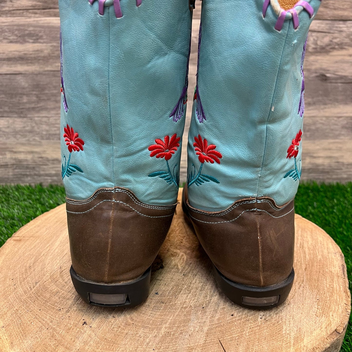 Unknown Youth - Size 2.5 - Brown/Blue Light Up Faux Leather Cowboy Boots 1168