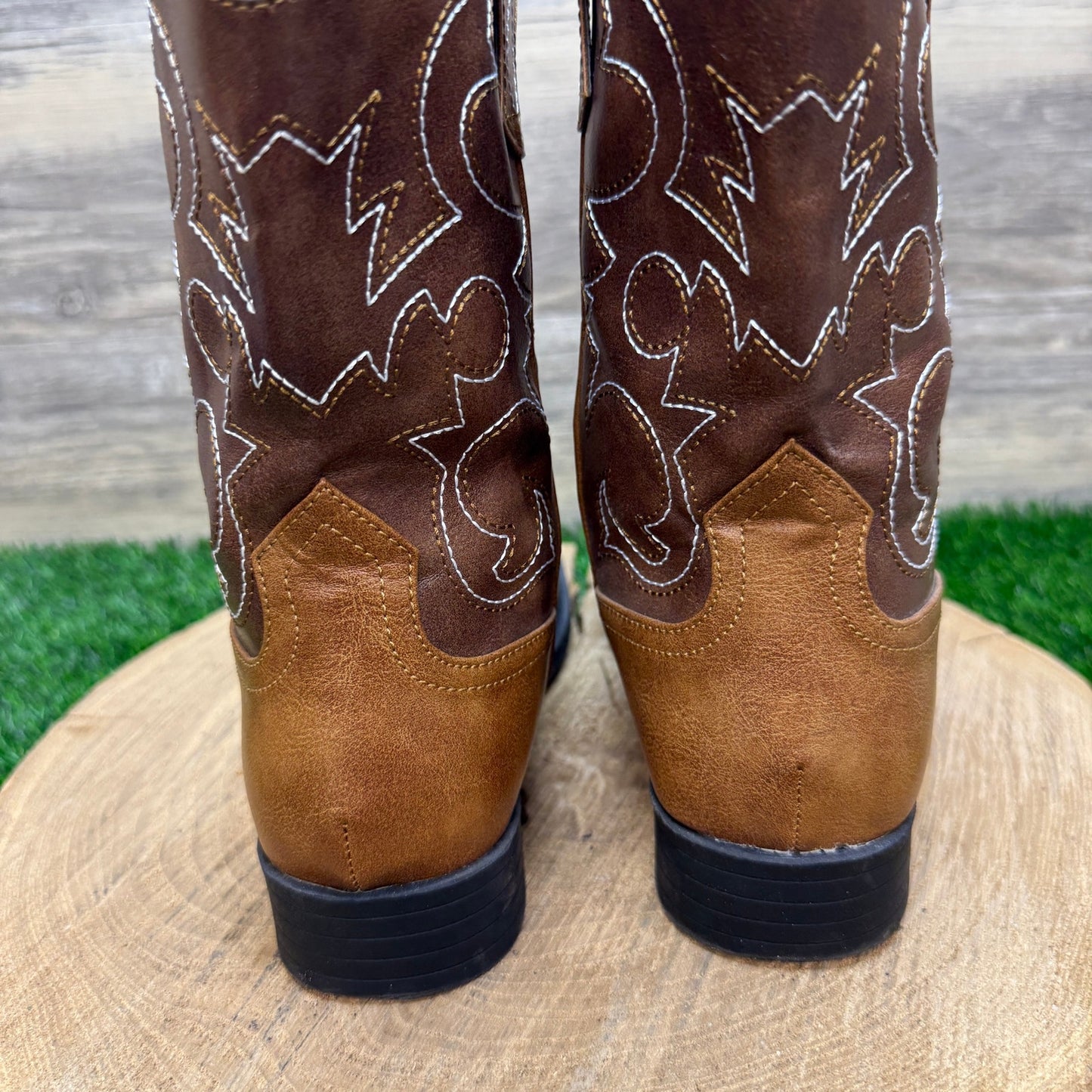 Wonder Nation Youth - Size 3 - Brown Faux Leather Square Toe Cowboy Boots 47083