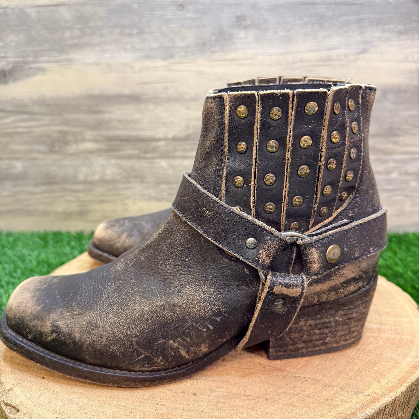 Corral Women - Size 9M - Distressed Black Studded Strap Ankle Boots P5038