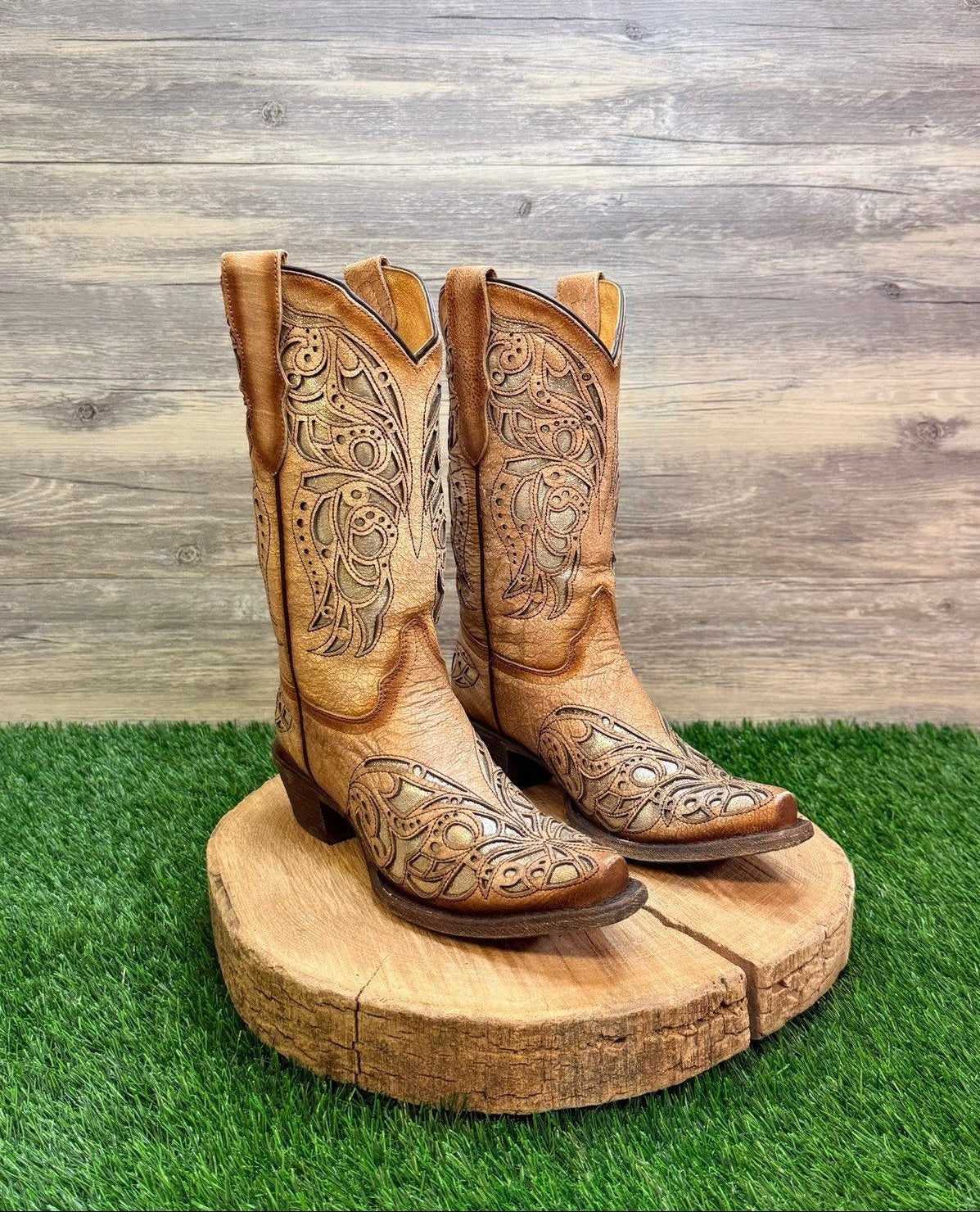 Corral Teen Youth - Size 5 - Beige / Gold Inlay Western Cowboy Boots 0080