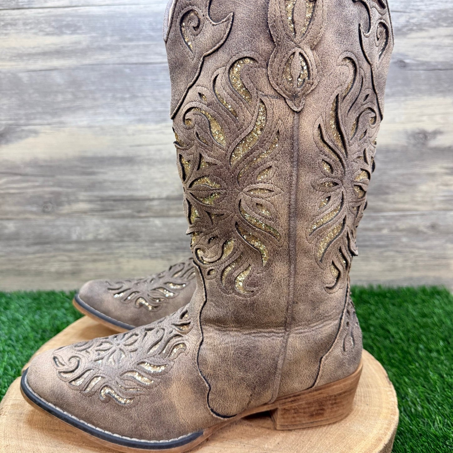 Roper Women - Size 8.5 - Distressed Tan Glitter Inlay Faux Leather Cowboy Boots 2851
